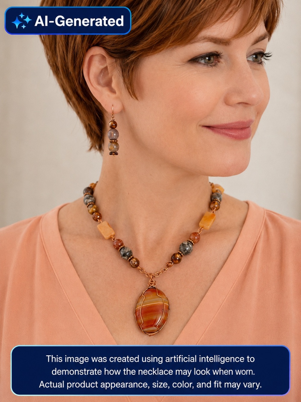 Carnelian Agate & Jasper 1 1/2" Oval cabochon Necklace Earrings Rust Ivory 20"